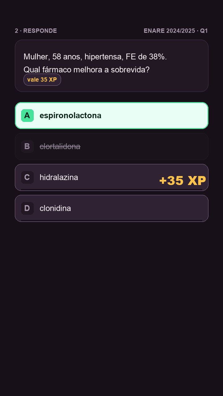 Uma questão do ENARE na GincanaMed: a alternativa certa acesa e +35 XP.